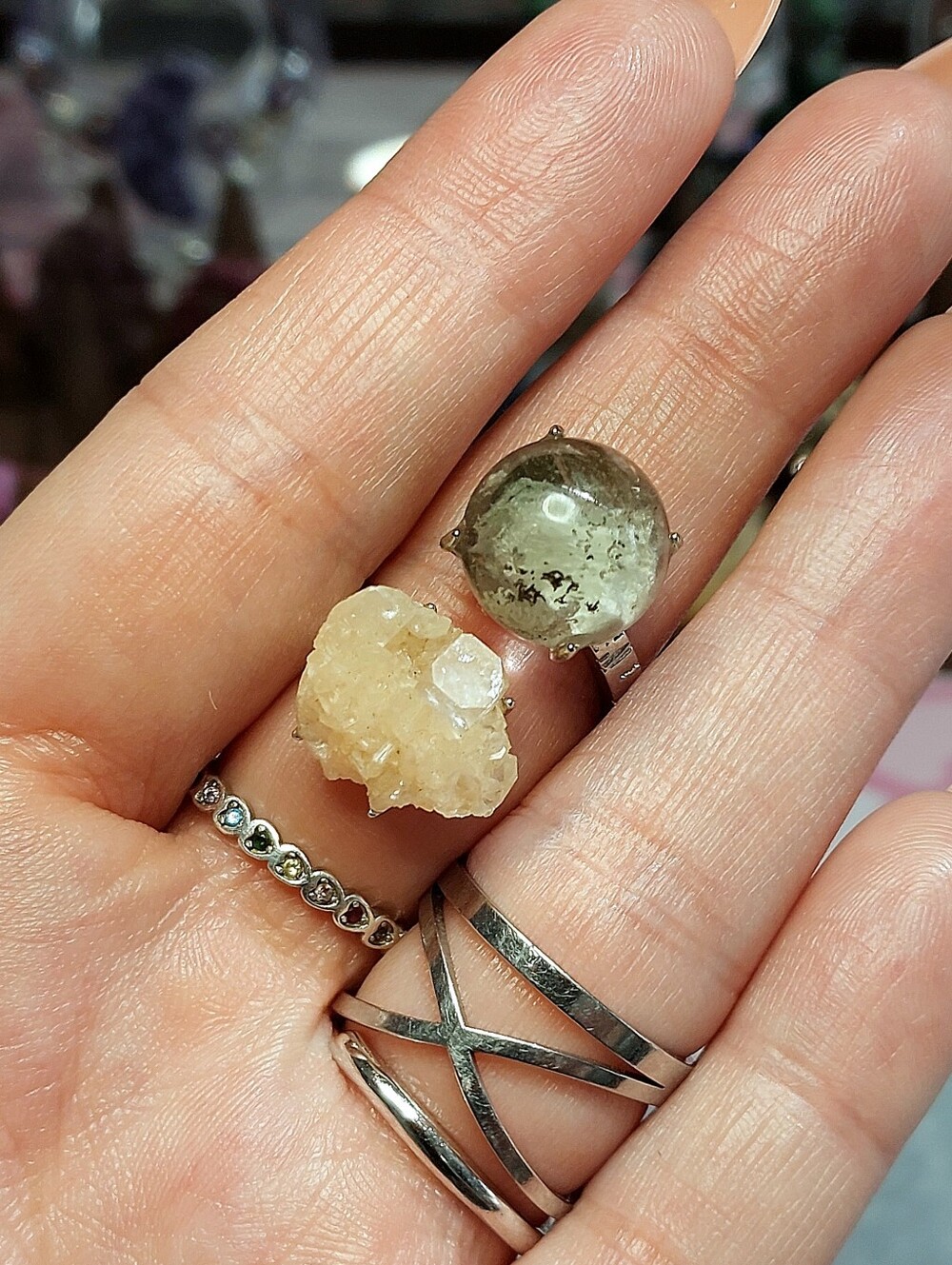 ⚒️ Raw Leuco Grossular Garnet & Garden Quartz Copper Specimen Ring